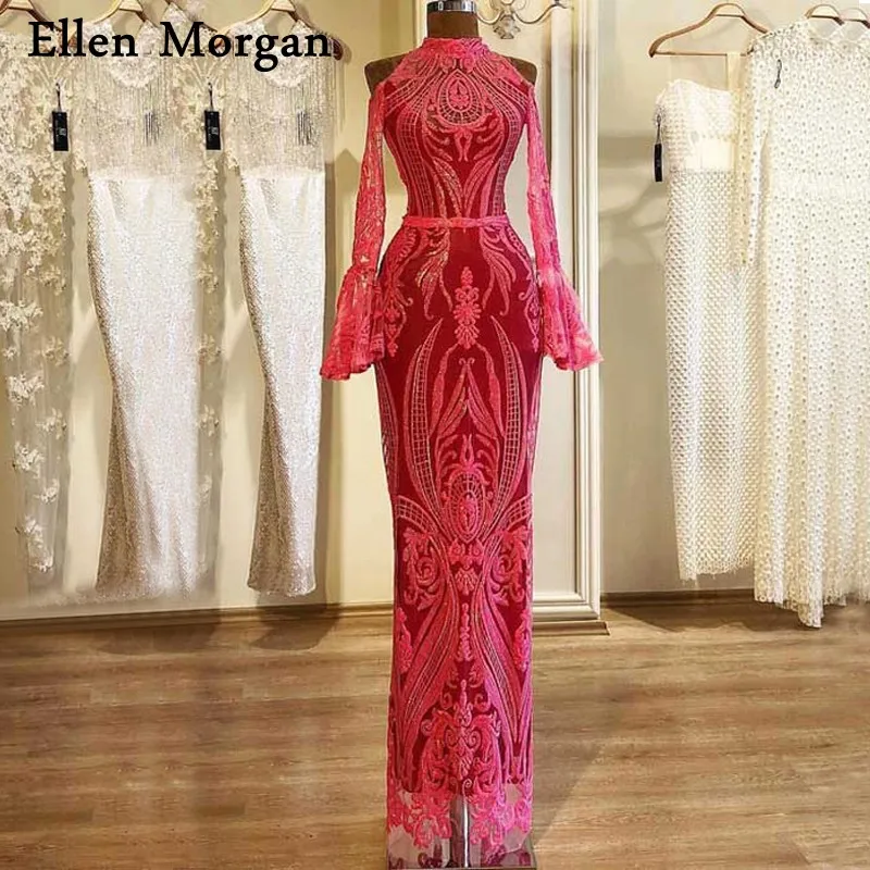 Красные арабские вечерние платья русалки 2019 с высоким воротом и длинным рукавом