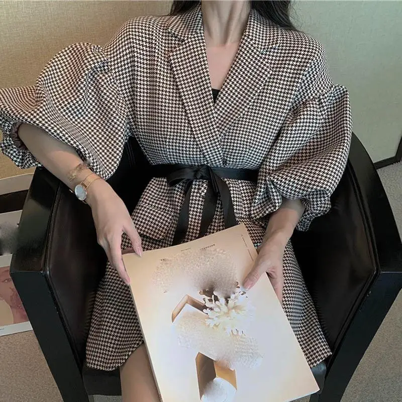 2020 новые женские костюмы рабочие блейзеры Платья клетчатые Длинные куртки с