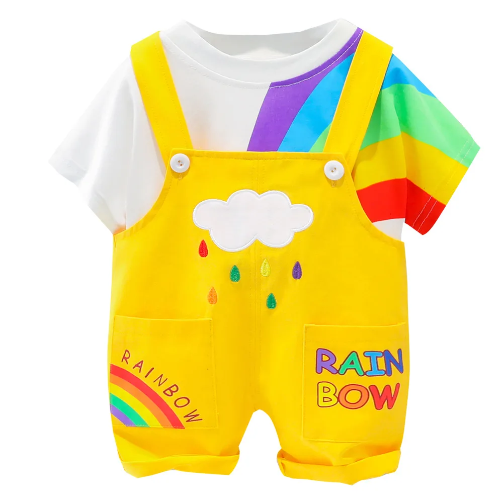 

Baby Boy Summer Clothes Baby Suit Toddler Short Sleeve Rainbow Pattern T-Shirt+Suspender Shorts Sets Cute Casual Newborn Outfit