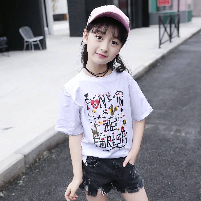 Футболка с цветочным рисунком и короткими рукавами для девочек летние рубашки