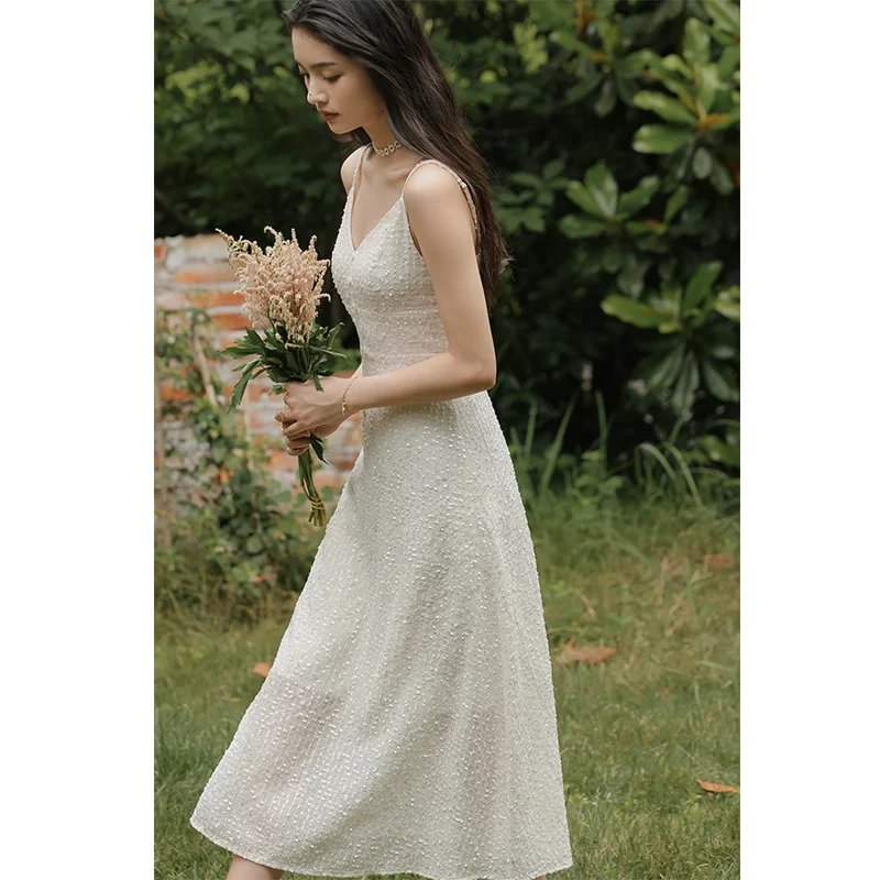 

CMAZ 2021 New French Style Fairy Holiday Dress Shiny White Dress Girlfriends Clothes Dress Party Dress
