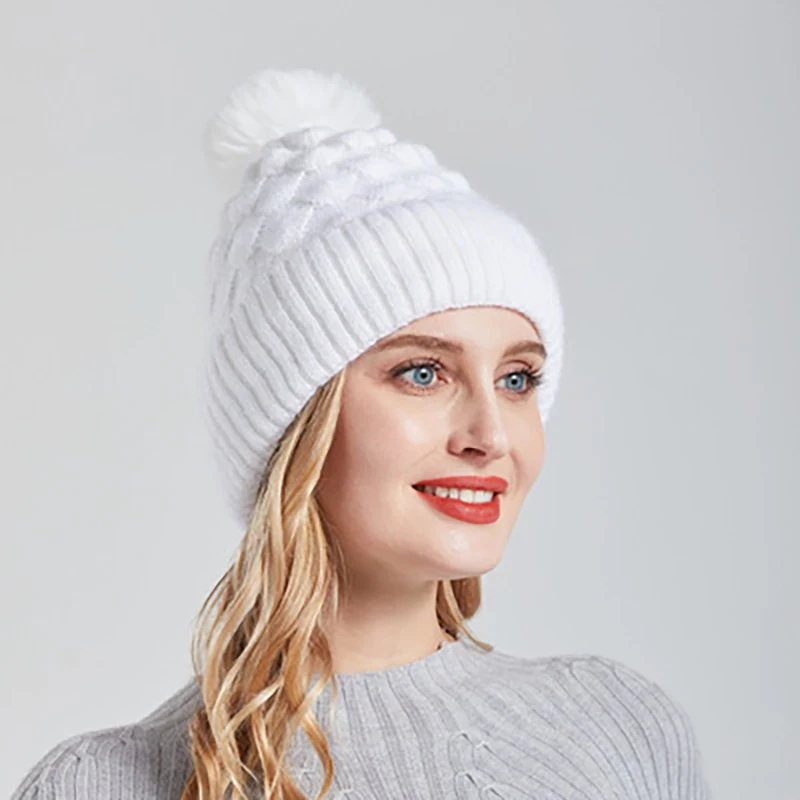 

Winter Keep Warm Women Beanie Pure Color Squama Wool Knitted Hat Pom Pom Beanies Cable Knit Faux Fuzzy Fur Pom Fleece Lined