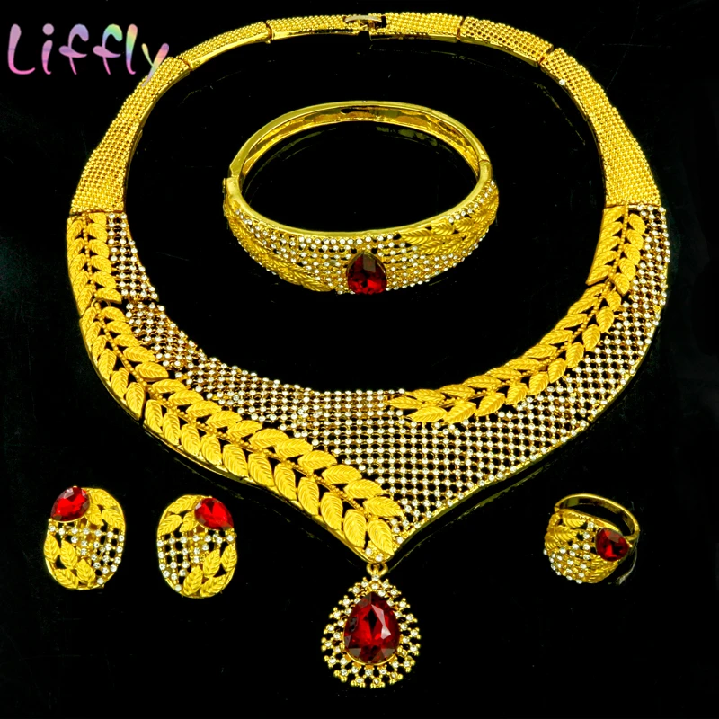 Dubai Gold Jewelry Sets for Women Wedding Party Fashion Crystal Necklace Earrings Ring Bracelet Red Classic | Украшения и