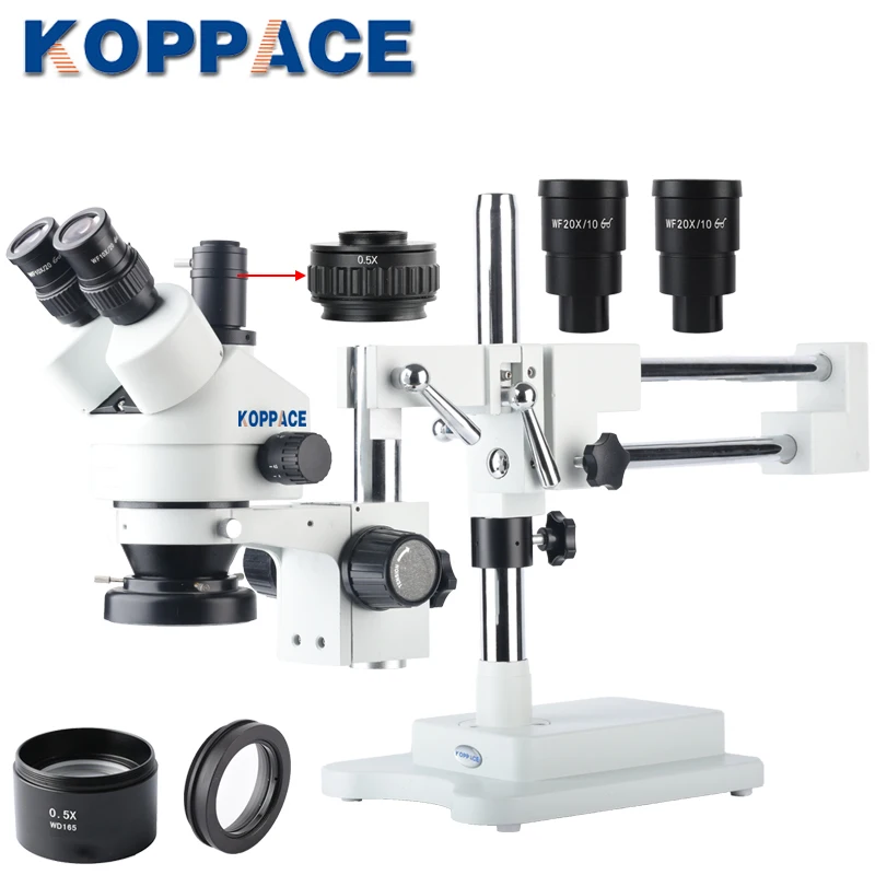 

Промышленный микроскоп KOPPACE 3.5X-90X 0,5 XCTV/1X CTV, Тринокулярный стереомикроскоп, кронштейн для двух рук, WF10X, WF20X, окуляр