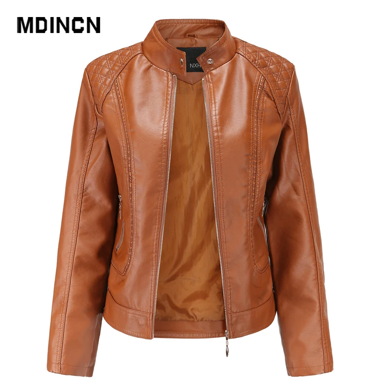 Женская кожаная куртка с воротником-стойкой однотонная верхняя одежда из