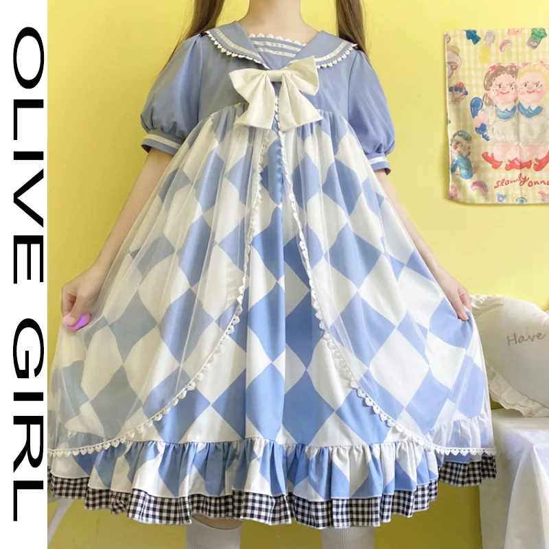 

Sweet Navy Blue Lolita Bowknot Ruffled Japanese Short Sleeve 2021 Summer Dress Women Harajuku Sailor Collar Dress