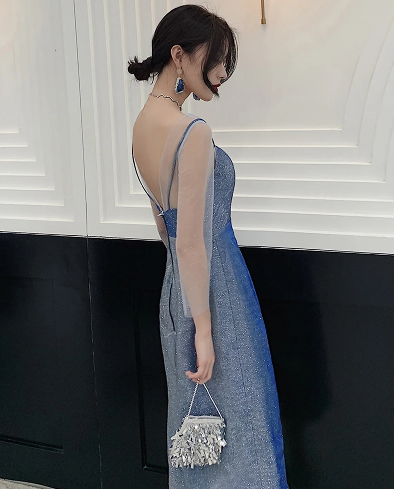 AnXin SH принцесса синее кружево Иллюзия о-образный вырез длинный рукав Сверкающее