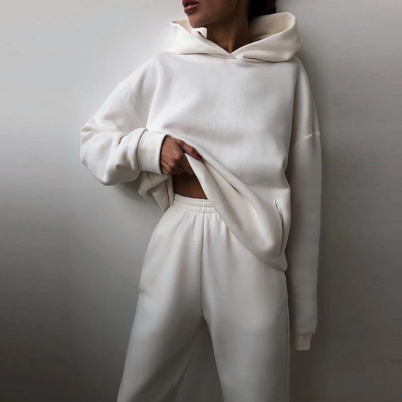 

Women Elegant Solid Sets For Women Warm Hoodie Sweatshirts And Long Pant Fashion 2 Piece Sets Ladies Lace Up Sweatshirt Suits