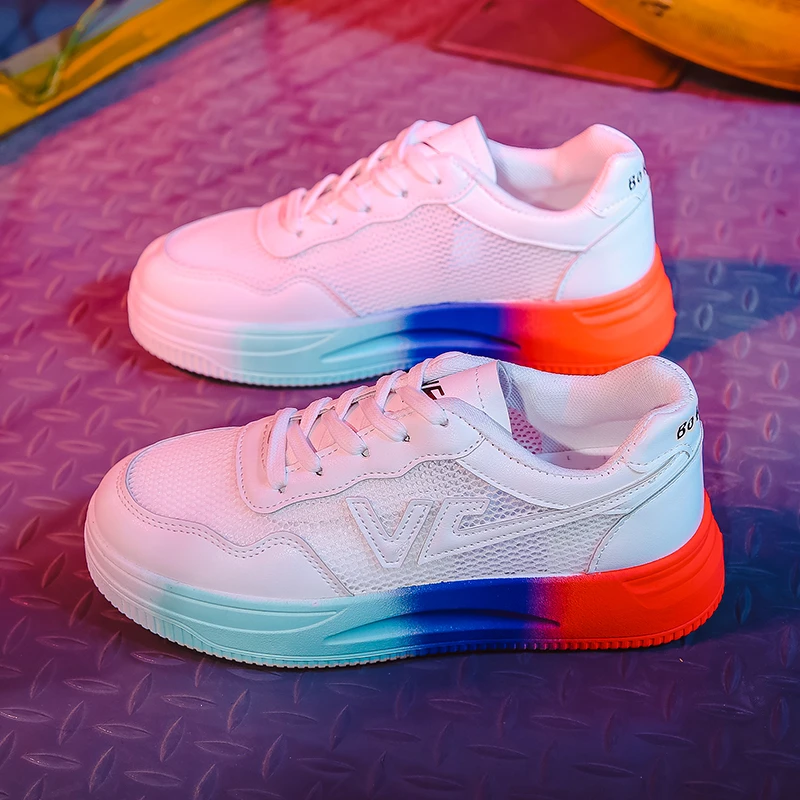 

2021 Spring Breathable Women's Sneakers Flats Platform Ladies Non-slip Outdoor Rainbow Colors Thick Sole Casual Vulcanized Shoes