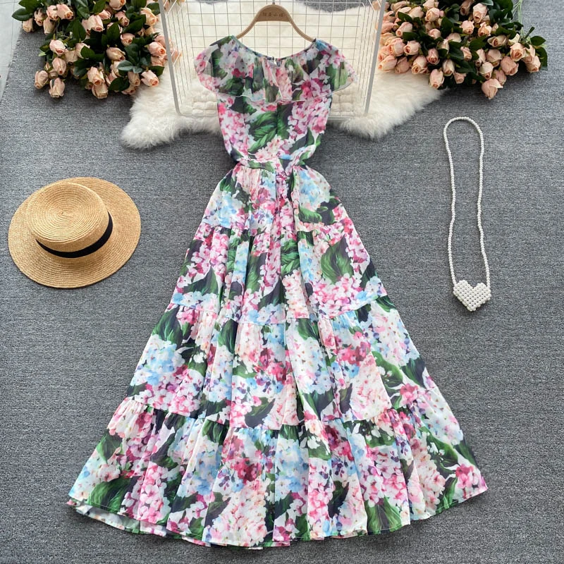 

Fashion Runway Designer Women's Elegant V Neck Printing Floral Long Maxi Chiffon Dress Summer Clothes Holiday Party Robe Femme