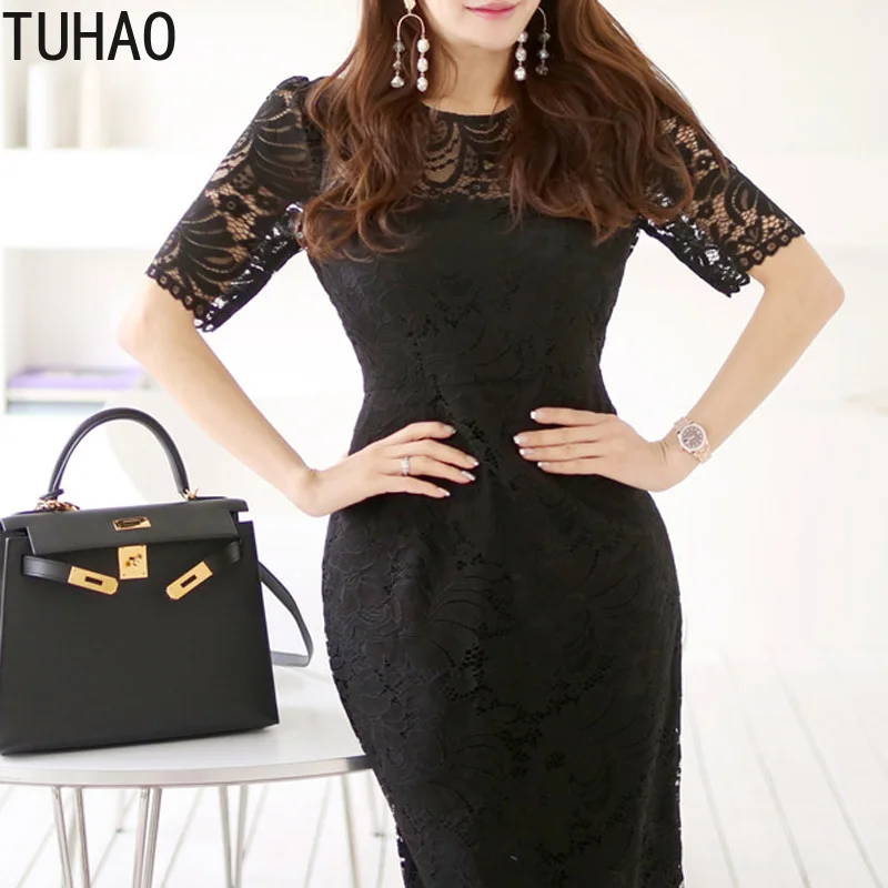 

TUHAO Runway Elegant Lace Dresses 2020 Summer Pink Black Casual Dress Office Lady OL Lace Dress Solid Color Ropa Mujer WM52