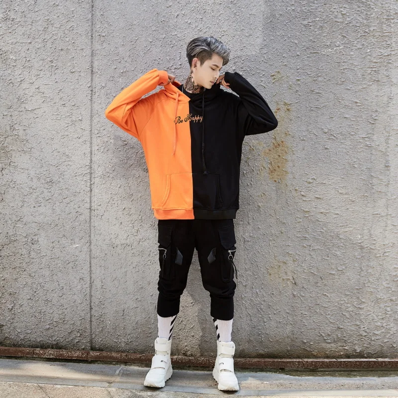 Spring Autumn Male Graffiti Smiling Face Black and White Patchwork Hoodie Men Women Hip-hop Loose Couple Coat Tide | Мужская одежда