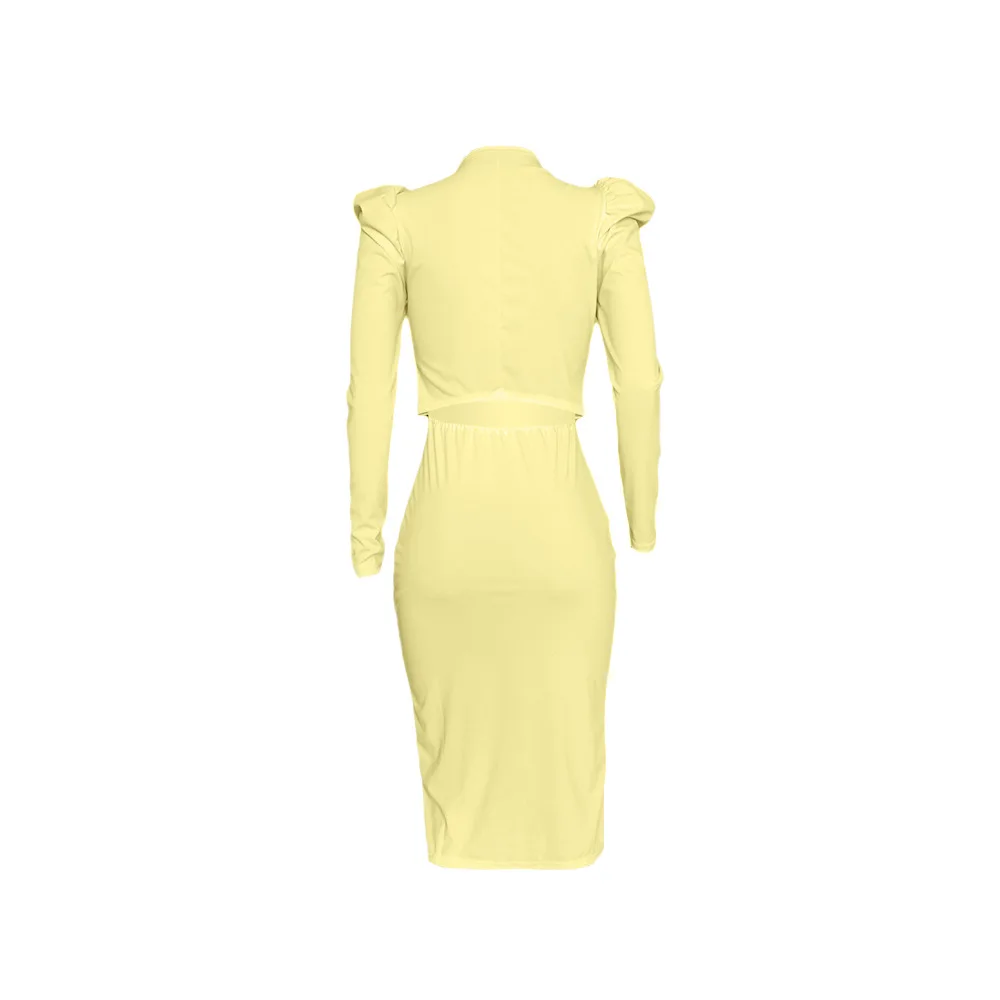 

2021 Autumn New Women's Yellow Long Sleeve Puff Sleeve Button Down Pencil Dress