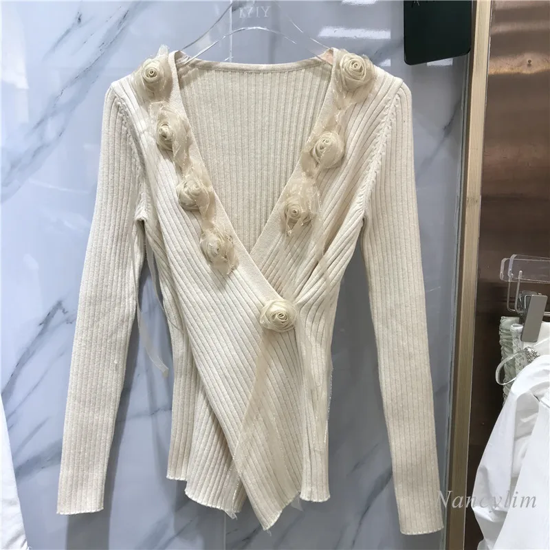 

Retro Rose Floal Cross V Neck Jumper Femme 2021 Autumn New Slim Three-Dimensional Flower Long Sleeve Sweater Top Women