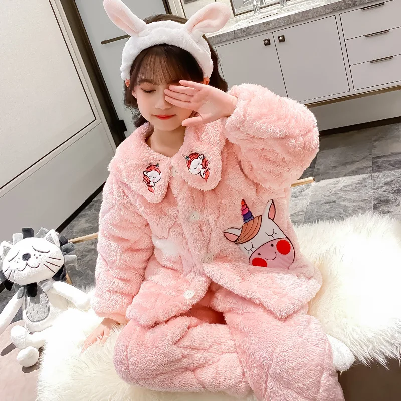 

Winter threeply Quilted keep warm Cute Thicken Flannel pajamas sets child girls Long sleeve Children sleepwear