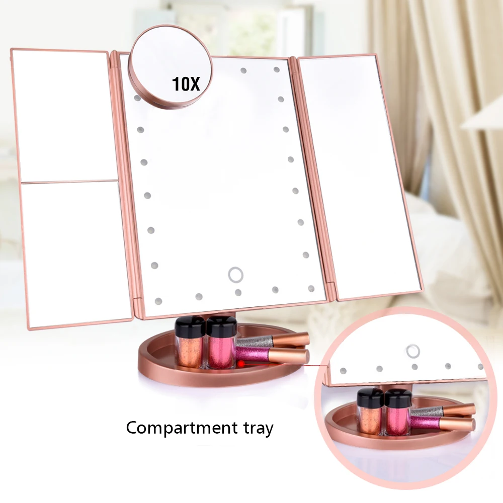 

22 LED Touch Screen Makeup Mirror with Led Lights 1X 2X 3X 10X Magnifying Cosmetic Mirrors 4 in 1 Tri-Folded Desk Table Mirror