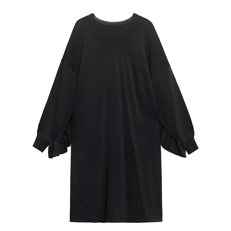 

XUXI Women, V-neck, Knit, Dress, Long, Loose, Slim, Cover The Flesh, Fashion,Lotus Leaf,Sweater,Dresses, Spring Autumn 2021 E188