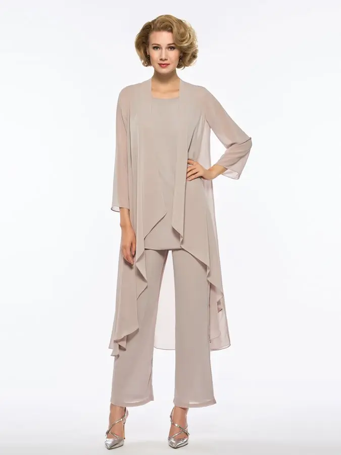 

Sliver Mother Of The Bride Dresses Sheath Scoop Chiffon With Jacket Pants Suit Long Groom Mother Dresses For Weddings
