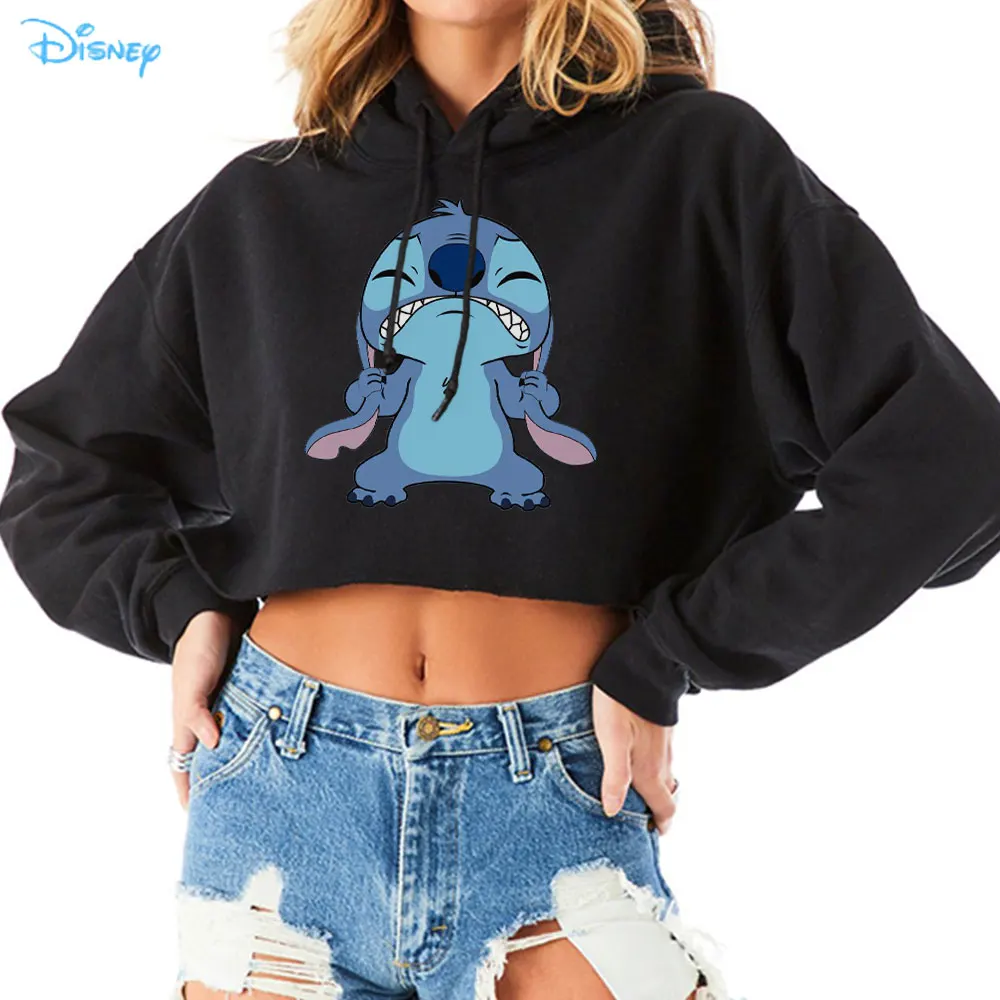 Черные толстовки для женщин 2021 укороченный топ с изображением Диснея Стича оханы