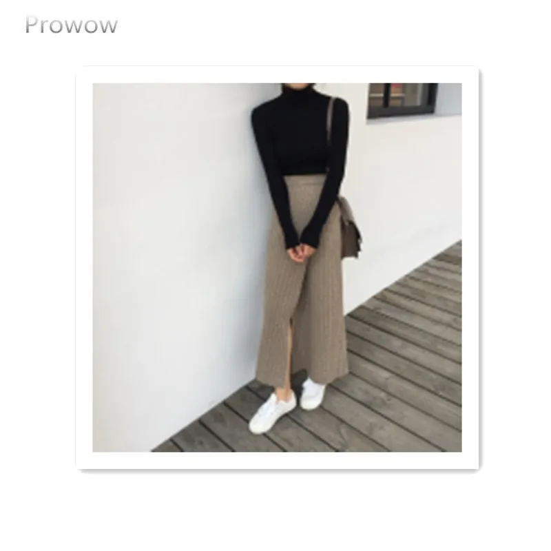 

HNBC Autumn Winter Thick Women Knitted Skirt Elastic Waist A-line Front Split Female Sweater Skirts Elegant Ladies Skirt