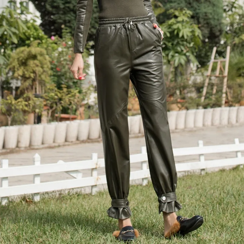 Casual Loose Fit Genuine Leather Sheepskin Womens Harem Pants Autumn Winter New Drawstring Waist Streetwear Ankle Length | Женская