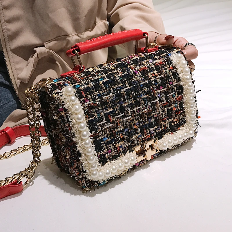 

2021 Winter Fashion New Female Square Tote Bag Quality Woolen Pearl Women's Designer Handbag Ladies Chain Shoulder Crossbody Bag