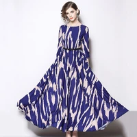 new women long dress summer 2021 elegant fashion o neck elastic waist printing blue loose a line flowy dress