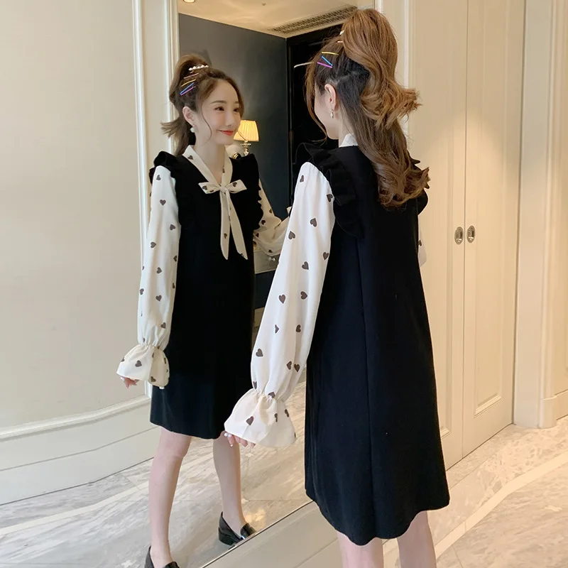 

Autumn Winter Fashion Maternity Shirts Knit Patchwork Tops Clothes for Pregnant Women Pregnancy Fake Two Piece Bow Collar Coat