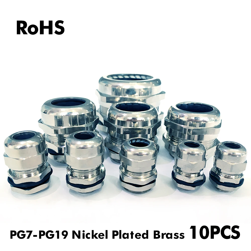 

Waterproof Cable Gland 10pcs Cable Entry IP68 PG7 for 3-6.5mm PG9 PG11 PG13.5 PG16 PG19 Nickel-plated Brass Connector