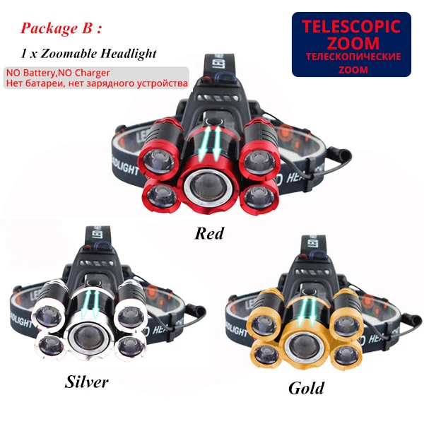 Package B Светодиодный налобный фонарь для рыбалки, ультра яркий, 5T6, налобный светильник с зумом, 18650, налобный фонарь, 4 режима, перезаряжаемый, налобный светильник для кемпинга - Испускаемый цвет: Package B
