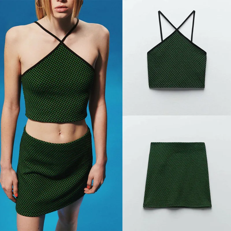 

Za 2021summer Green Lattice Polka Dot Weaving Ultrashort Mini Sling Top Backless Clothes Sexy Bustier Straps Tank Tops Female