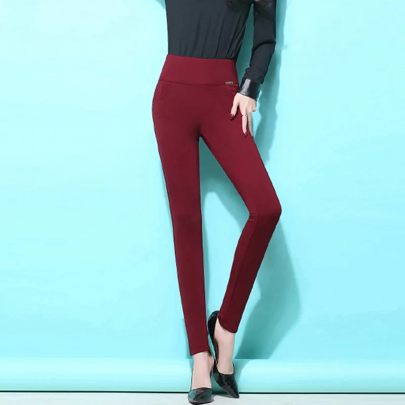 Зимние теплые облегающие брюки-карандаш с высокой эластичной талией размеры до