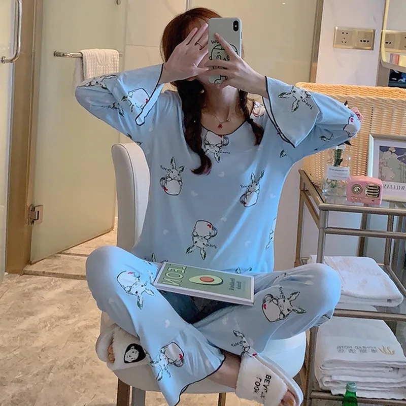 Kawaii, 2 шт., женская пижама, комплект, милый рисунок морковки, повседневные топы, штаны, домашняя одежда для сна с длинным рукавом, Pijama Mujer