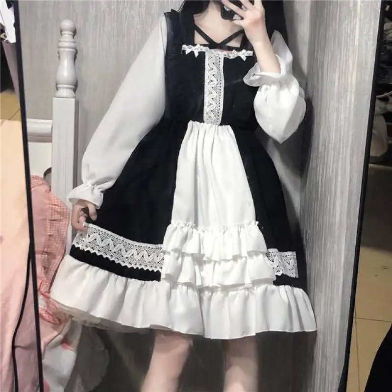 

Cute Women's Lolita OP Dress Flouncing Lace Trim Japanese Harajuku Long Sleeves Doll Dress Fairy Vestidos