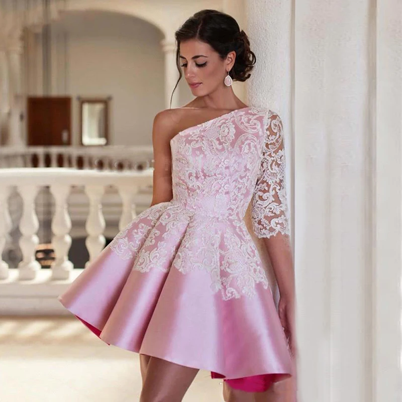 

One Shoulder Lace Cocktail Dresses Satin Mini Length Short Homecoming Dresses Prom Party Dresses Special Occasion Gowns