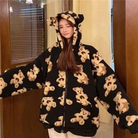 2021 winter women oversized hoodies zip up teddy coat harajuku casual loose kawaii bear ears hooded sweatshirt cartoon outwear