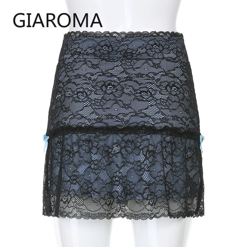 

Black Mesh Transparent Patchwork Mini Skirt Women Gothic Y2K Lace A Line Ruched Short Skort Girls Streetwear Club Party Iamhotty