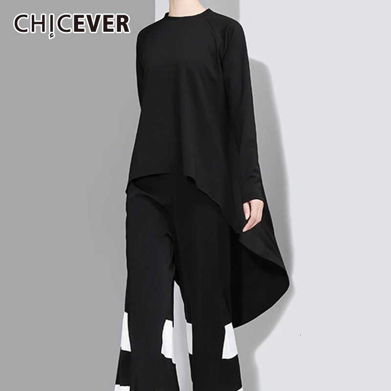 CHICEVER Асимметричная Повседневная футболка для женщин с круглым вырезом и длинным