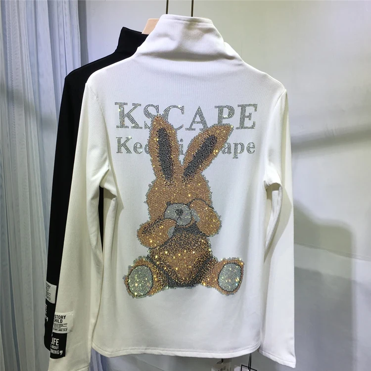 

Fleece-Lined Brushed Half Turtleneck Bottoming Shirt Bunny T-shirt Women's Rhinestone Letter Long Sleeve 2021 Spring