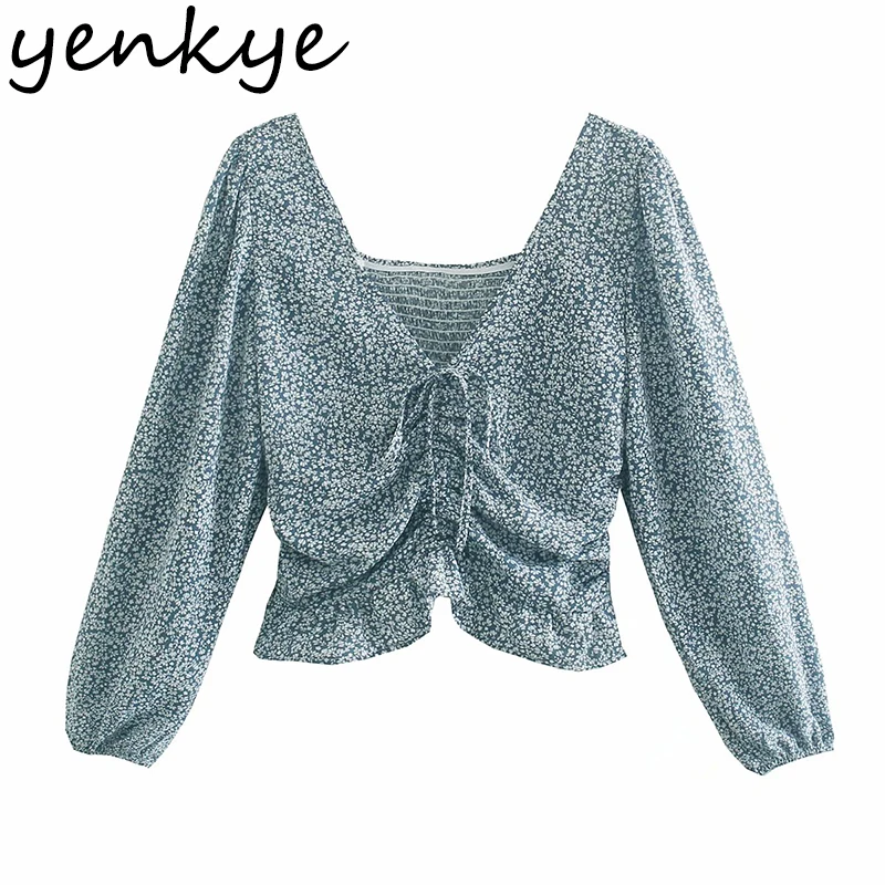 

YENKYE Blue Floral Print Blouse Women Front Drawstring Sexy V Neck Long Sleeve Summer Crop Top Fashion Blusas