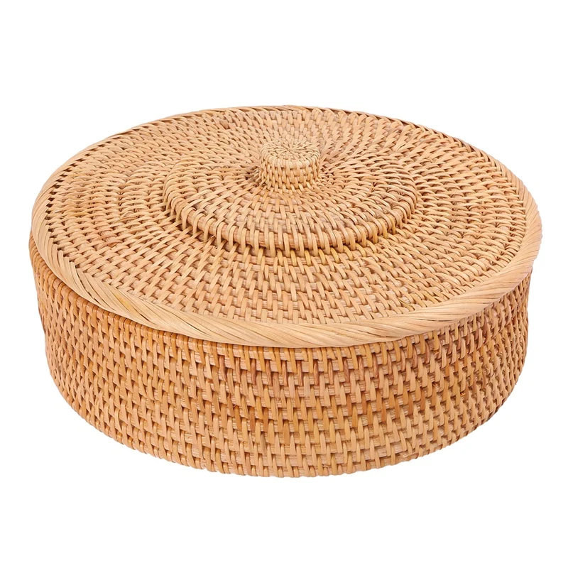

Rattan Tabletop Bedside Storage Box Classical Coffee Table Snack Storage Box Round Clutter Storage Box with Lid