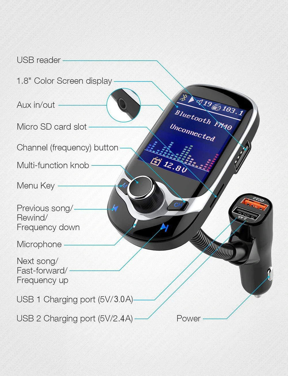 JINSERTA Автомобильный MP3 музыкальный плеер Bluetooth 5,0 приемник FM USB передатчик QC3.0 зарядное устройство U диск/TF карта AUX lossless музыка