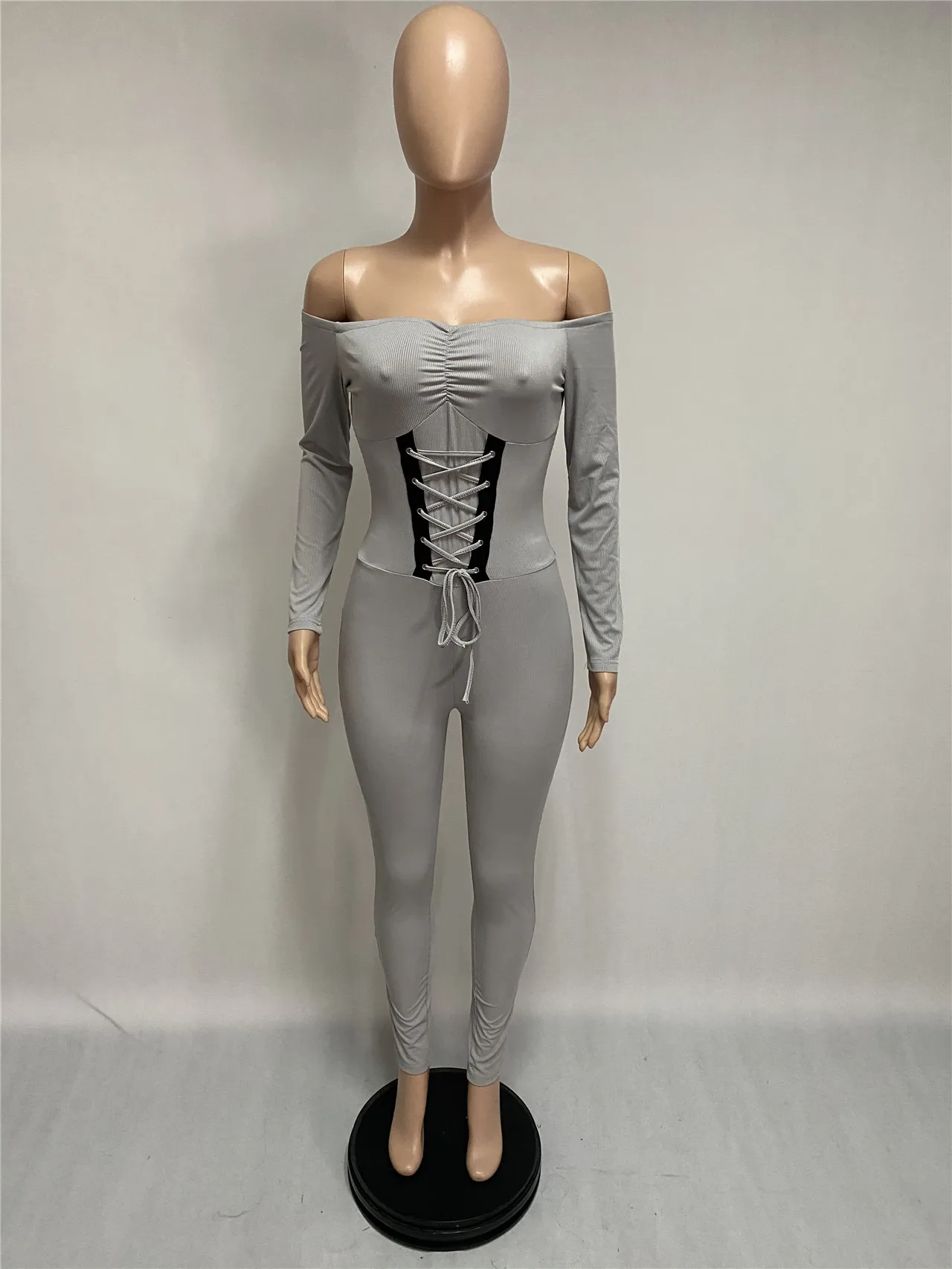 Women's Autumn/winter Off-the-shoulder Bandage Straps Threaded Jumpsuits Bodysuit Women Sexy Fitted Jumpsuit Women