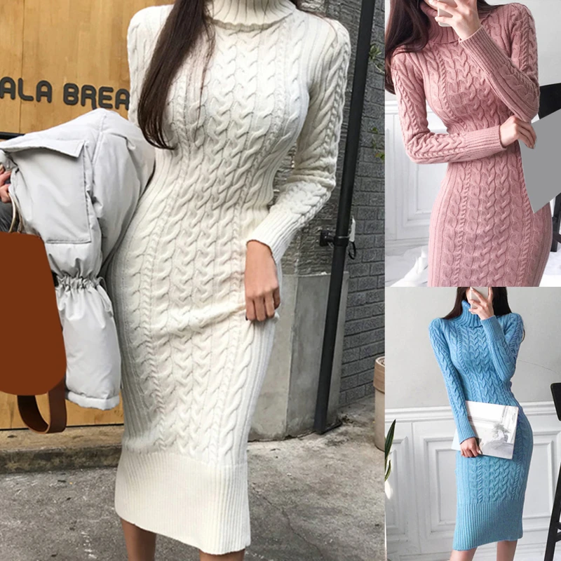 

New Knitted Long Sweater Solid Slim Sweater Women Long-sleeved Autumn Winter Sweater Fashion Slim Lady All-match Sweater-Dress