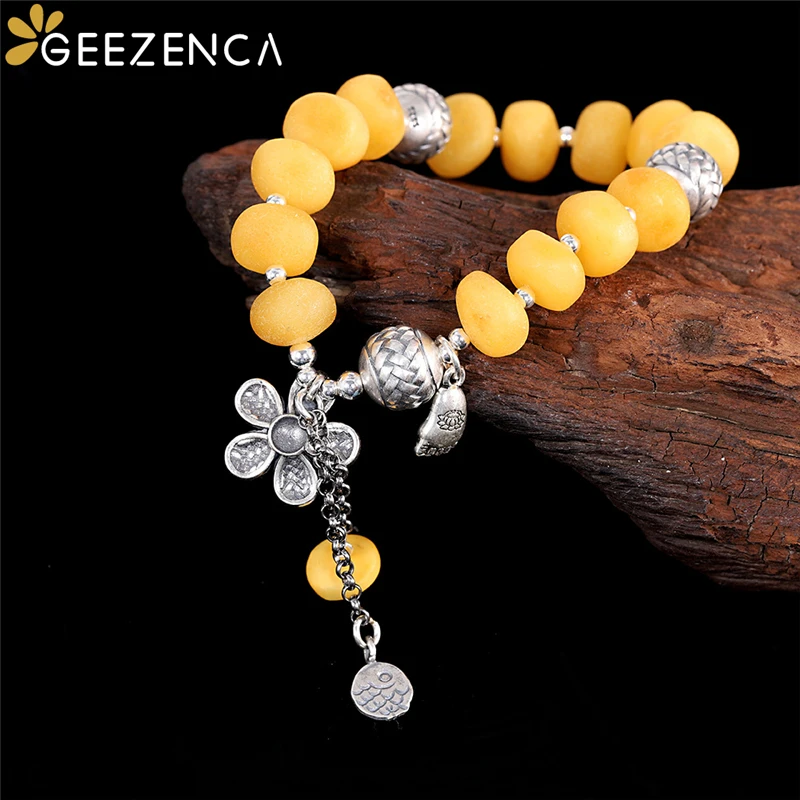 

GEEZENCA 925 Sterling Silver Amber Bracelet For Women Ethnic Vintage Irregular Gemstone Bracelets Fine Jewelry For Women Gift