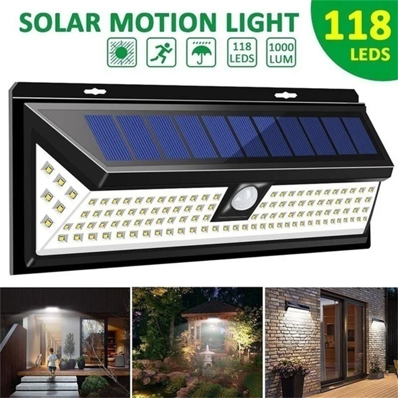 

118LED 3 Sides Lighting Solar Wall Lamp No Cable Garden Corridor Outdoor Wall Light Thermal Infrared Sensor Garage Street Lamp