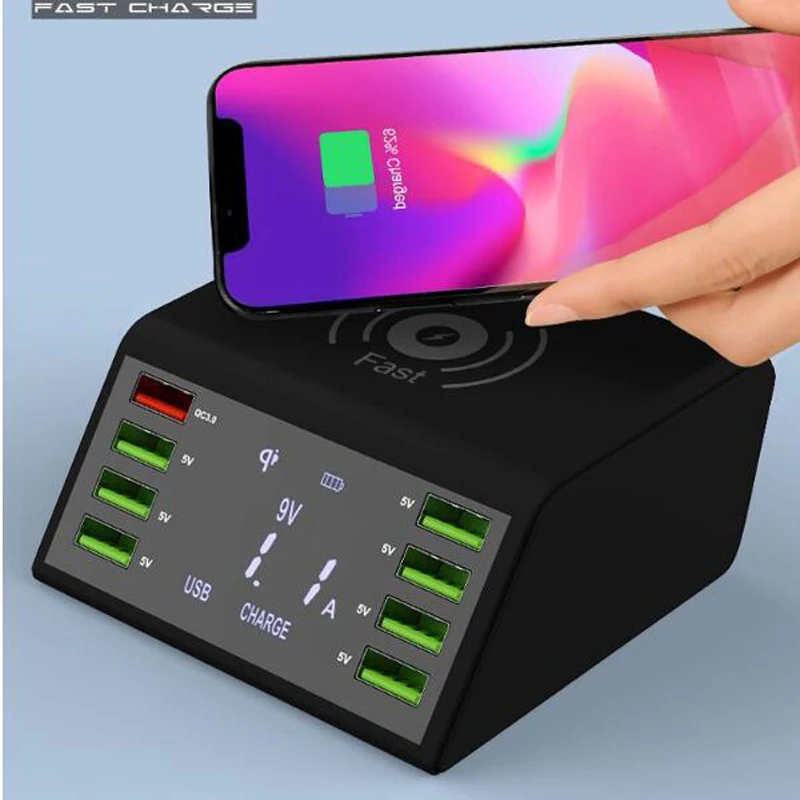Беспроводное зарядное устройство QC 3 0 с цифровым дисплеем 8USB 60 Вт|Беспроводные