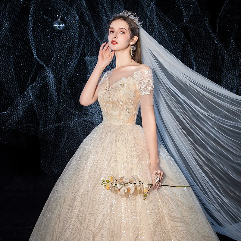 Wedding Dress Luxury Sequins Champagne Court Train Ball Gown Princess Cut-out Dresses Vestido De Noiva Custom Size | Свадьбы и