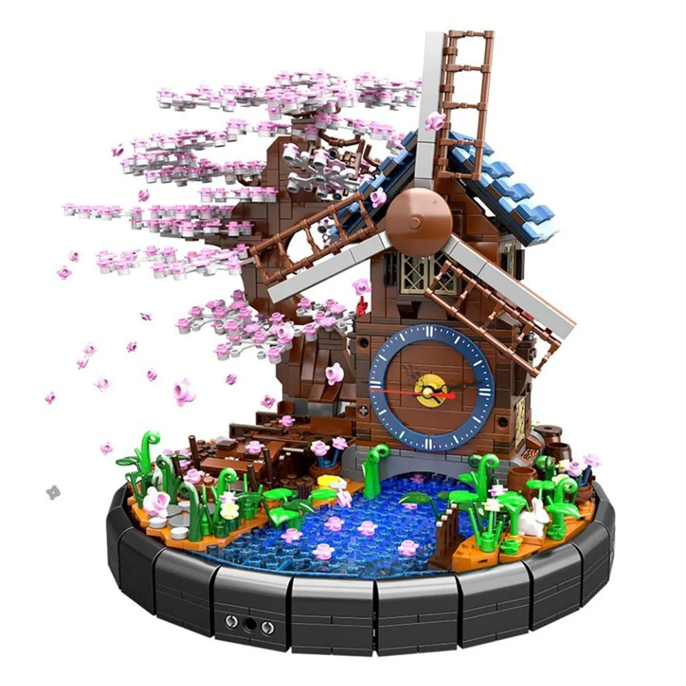 

2021 City Mini Street View Sakura Tree House Windmill Alarm Clock Model Building Blocks Bricks Diy Assembly Kids Toys