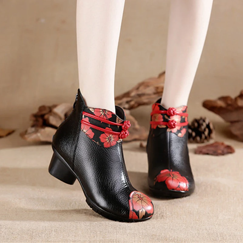 

TIMETANGHandmade Chunky Heels Short Boot Leather Mother Shoes Retro Lady Flower Ankle Boots Plus Size Women Boots Winter